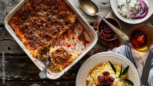 Traditional baked rice dish with hearty meat sauce served with a side of yogurt and onions on a rustic wooden table.