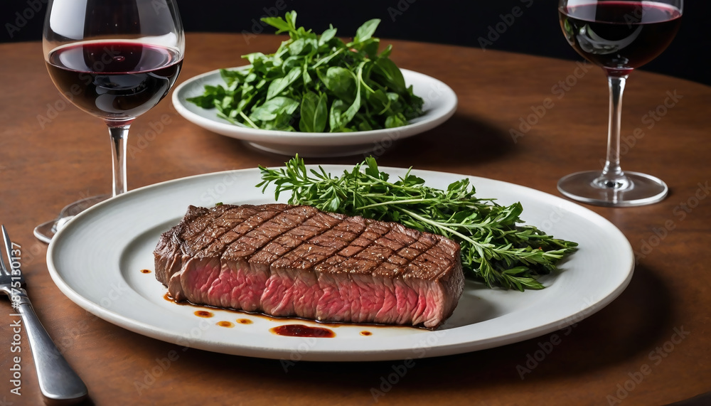 Sizzling wagyu steak with herbs on a plate, paired with a glass of red wine-ai generated Sizzling wagyu steak with herbs on a plate, paired with a glass of red wine-ai generated