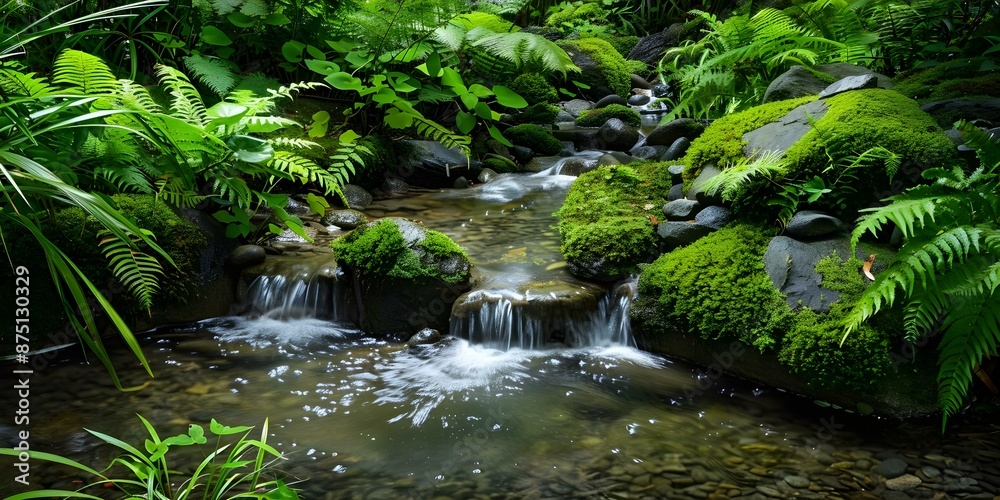 Captivating Forest Stream Clear Water, Rocks, Moss, Ferns, and Plants. Concept Nature Photography, Landscape Beauty, Outdoor Adventure, Serene Wilderness, Greenery Exploration Captivating Forest Stream Clear Water, Rocks, Moss, Ferns, and Plants. Concept Nature Photography, Landscape Beauty, Outdoor Adventure, Serene Wilderness, Greenery Exploration