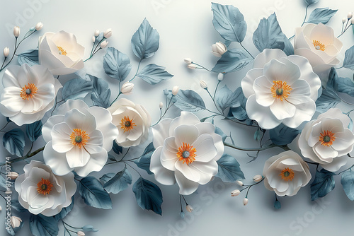 Wallpaper Mural A lovely 3D mural with flowers in full bloom against a bright white background, framed by beautiful and intricate wallpaper designs. Torontodigital.ca
