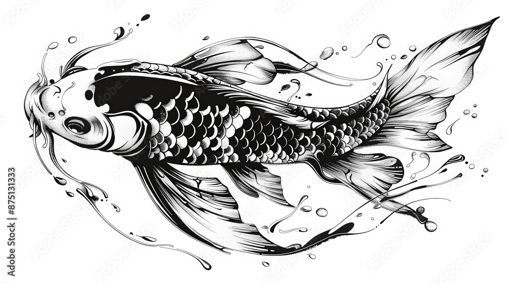 black and white ilustration of koi fish with fully tribal style illustration black and white ilustration of koi fish with fully tribal style illustration