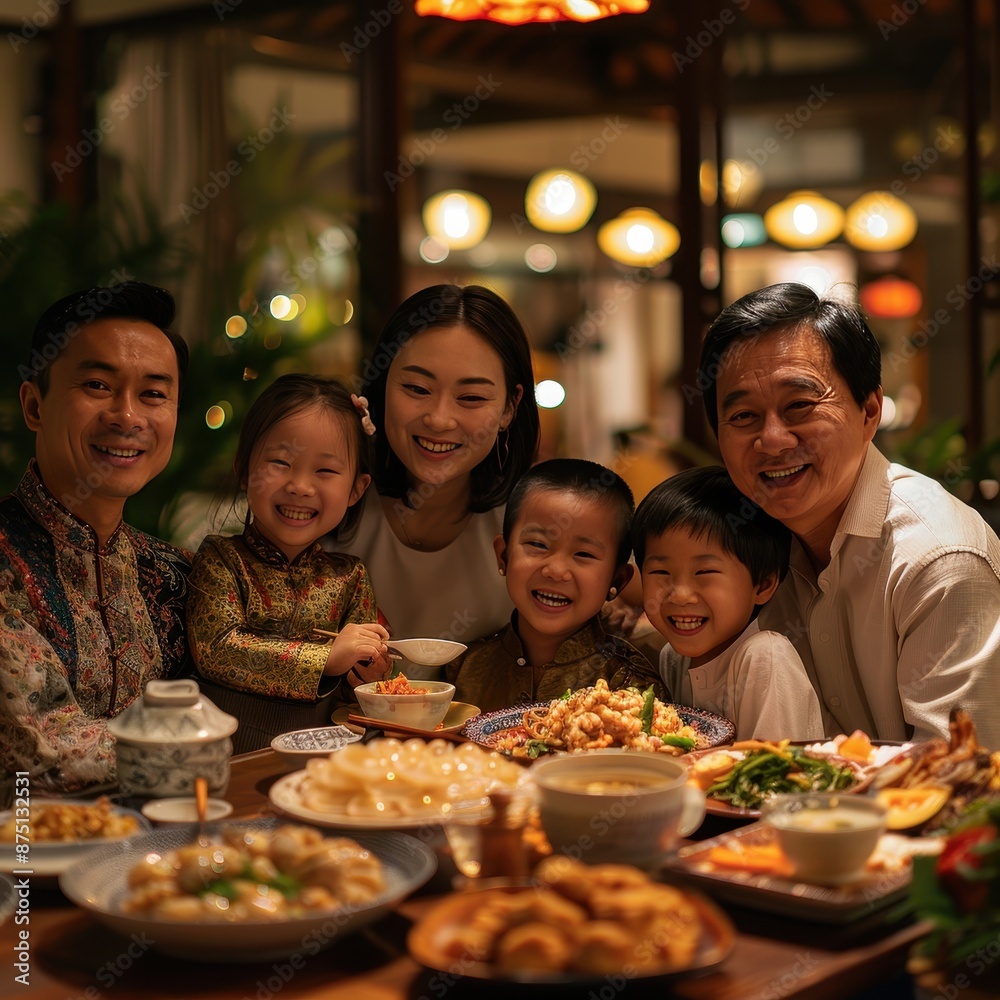 A family of five is gathered around a table with a variety of food A family of five is gathered around a table with a variety of food