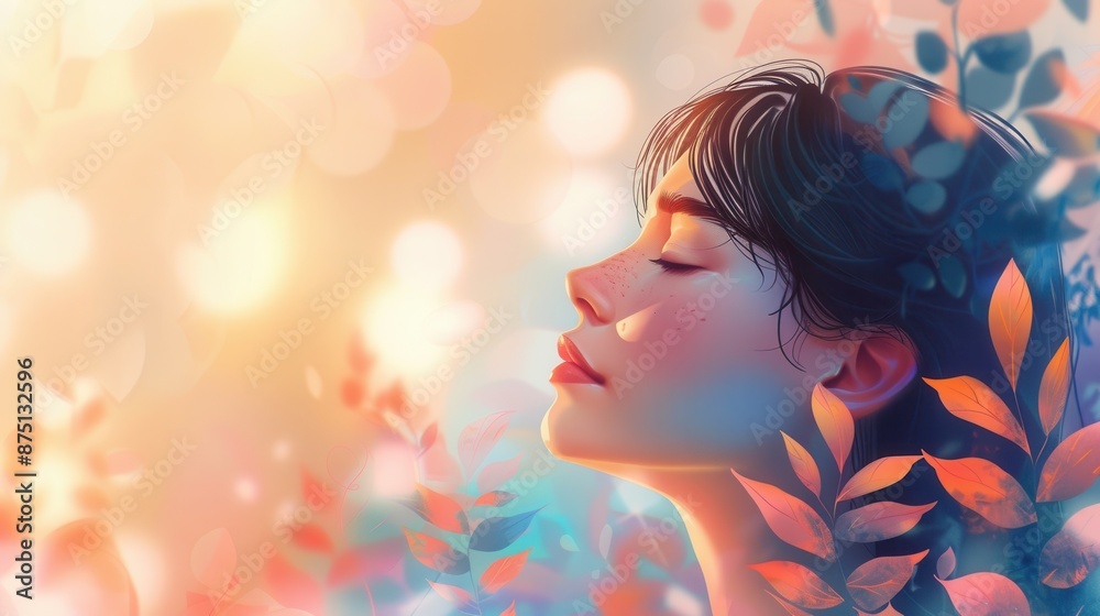 Fototapeta premium A woman with closed eyes, bathed in warm light, surrounded by delicate leaves. Her face suggests peace and tranquility.