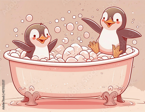 cartoon of playful penguins leaping in a bathtub photo