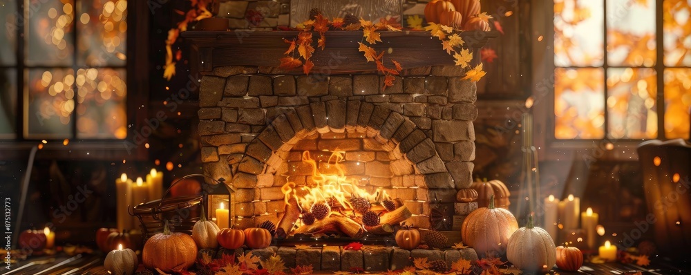 Cozy autumn fireplace with flickering candles and pumpkins, creating a warm and inviting atmosphere on a crisp fall evening.