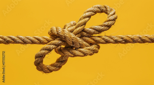 A photograph of an old, thick rope with two knots on one end. The texture is rough and natura