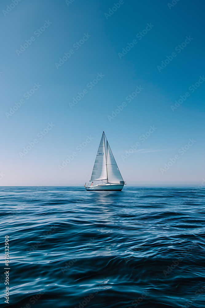Obraz premium Solitude and Freedom: Sailboat Sailing Across Open Seas Under Blue Sky