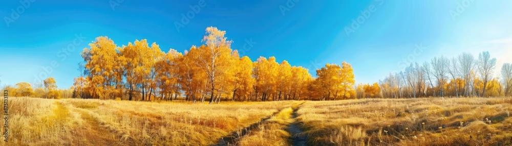 Panoramic view of a golden autumn landscape with vibrant trees and a clear blue sky, capturing the beauty of the season. Panoramic view of a golden autumn landscape with vibrant trees and a clear blue sky, capturing the beauty of the season.