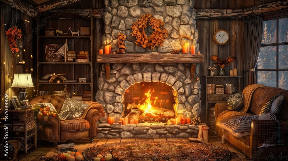 Cozy rustic living room with a stone fireplace, decorated with candles and autumn wreath, creating a warm and inviting atmosphere. Cozy rustic living room with a stone fireplace, decorated with candles and autumn wreath, creating a warm and inviting atmosphere.