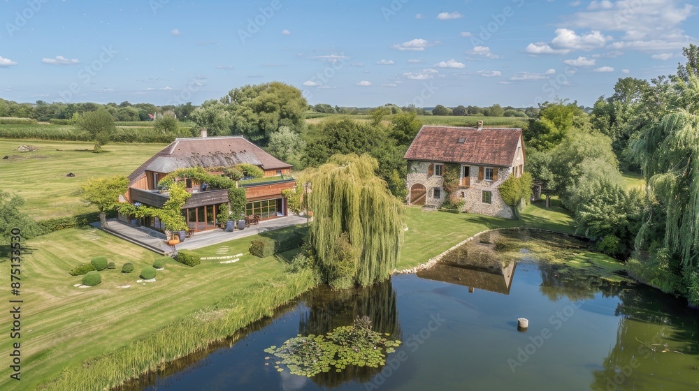 Obraz premium Renovated farmhouse with a barn and pond AI generated illustration