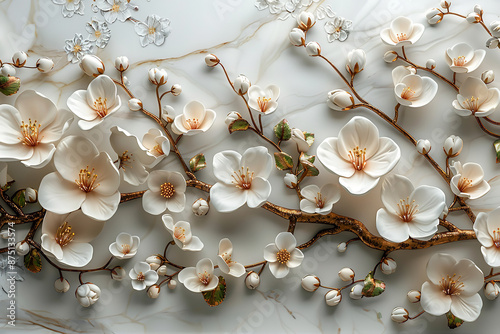 A striking 3D mural illustration featuring colorful flowers on a radiant white canvas, enhanced by exquisite wallpaper designs.