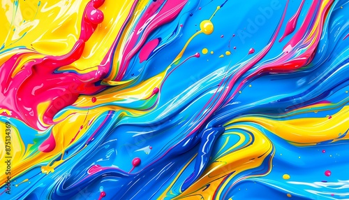 Abstract background with swirls of colorful liquid paint, including blue, yellow, pink, and red splashes creating unique patterns.