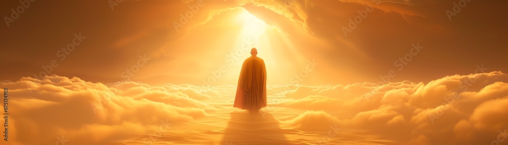 A silhouette of a person standing on a cloud, bathed in golden light from the sky above, evoking a sense of mysticism and divine presence. A silhouette of a person standing on a cloud, bathed in golden light from the sky above, evoking a sense of mysticism and divine presence.
