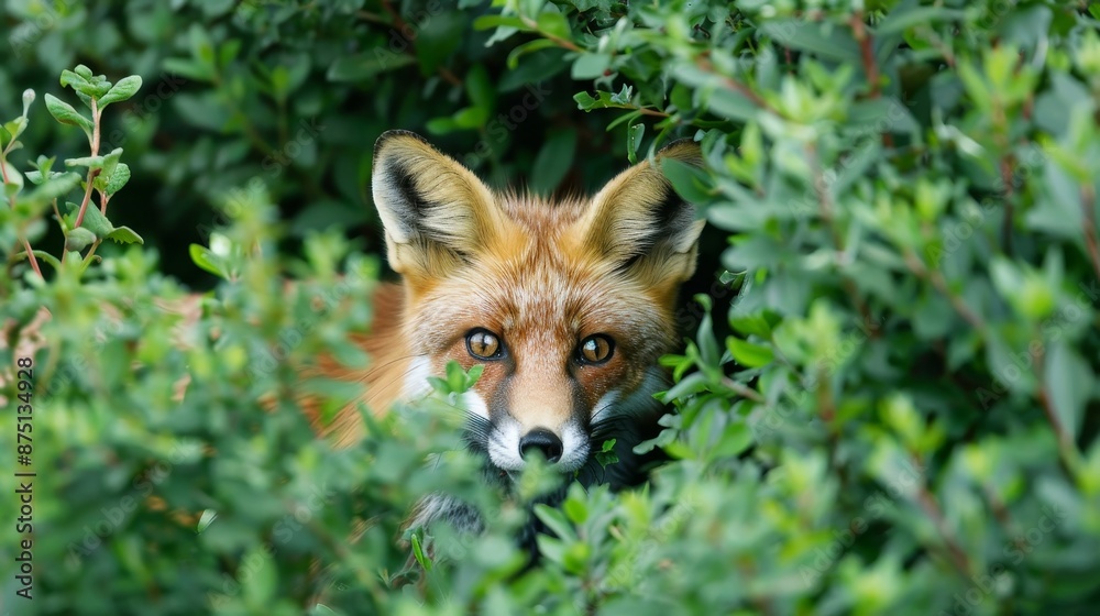 Sneaky fox peeking out from behind a bush AI generated illustration Sneaky fox peeking out from behind a bush AI generated illustration