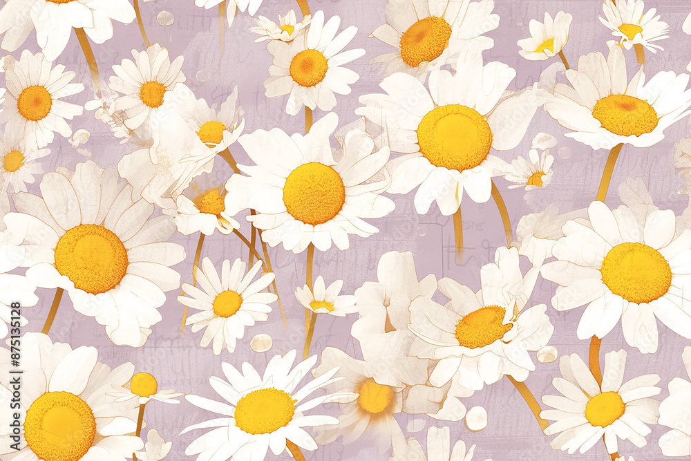 A seamless pattern of white daisies with yellow centers on a light purple background, creating a cheerful and fresh floral design. A seamless pattern of white daisies with yellow centers on a light purple background, creating a cheerful and fresh floral design.