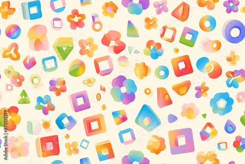 Seamless pattern of colorful, geometric shapes on a light background. The design features various forms including circles, squares, triangles, and flowers in a vibrant, gradient palette.