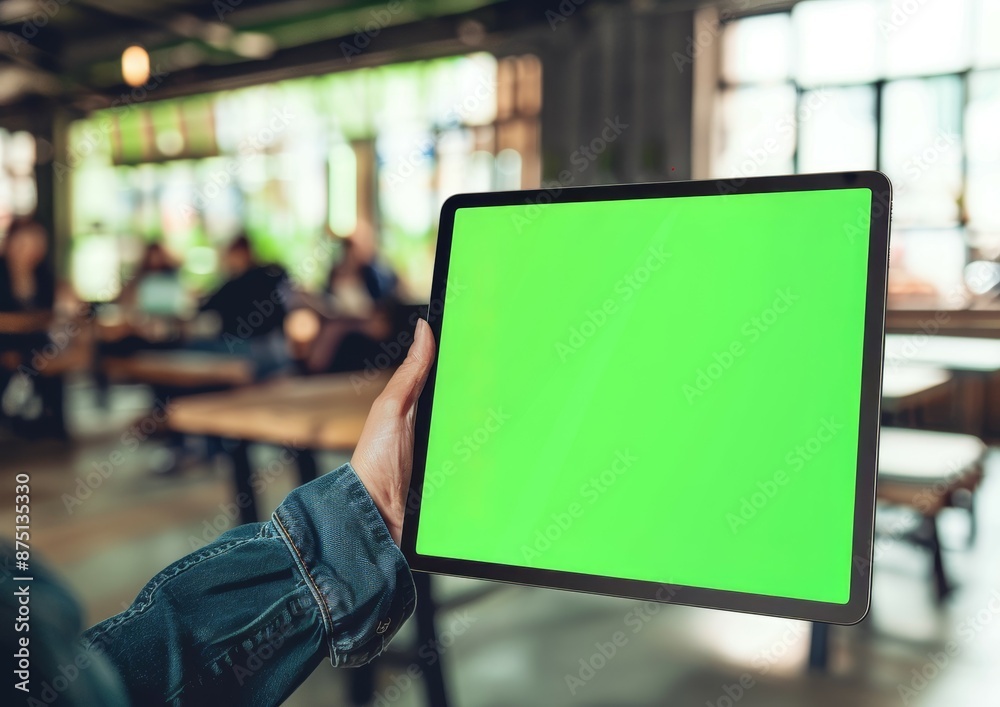 Hands Holding Tablet with Green Screen in a Busy Setting Hands Holding Tablet with Green Screen in a Busy Setting