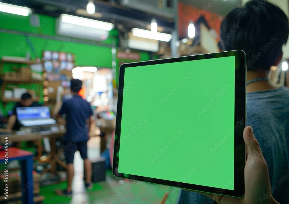Obraz premium Hands Holding Tablet with Green Screen in a Busy Setting
