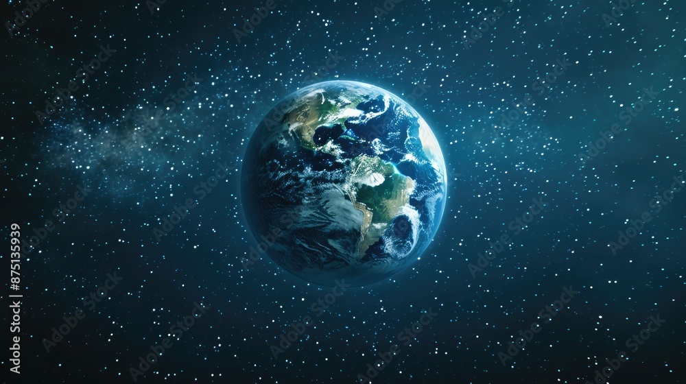 Fototapeta premium Planet Earth in space surrounded by stars on dark background Science ecology environment conservation World Earth Day idea with room for text