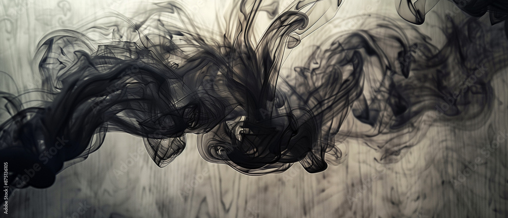 Abstract Black Smoke Swirls on Light Background: Fluid Art and Ink in Water Abstract Black Smoke Swirls on Light Background: Fluid Art and Ink in Water