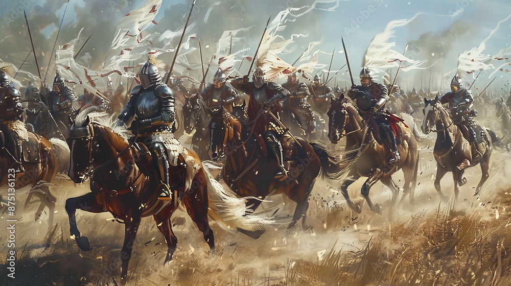 Fototapeta premium Soldiers on horseback charging into battle AI generated illustration