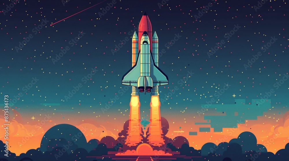 Naklejka premium Space shuttle taking off into a pixelated galaxy AI generated illustration
