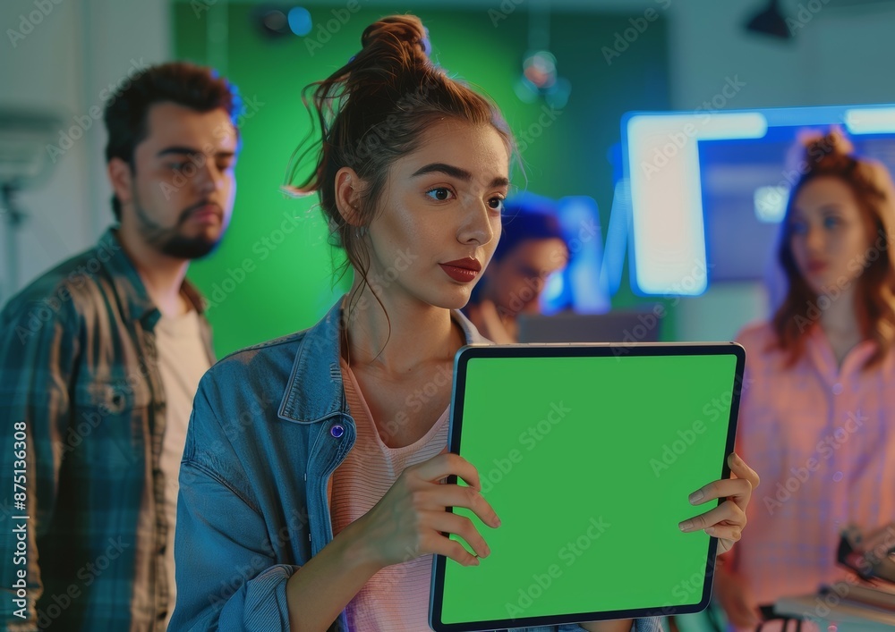 Hands Holding Tablet with Green Screen in a Busy Setting Hands Holding Tablet with Green Screen in a Busy Setting