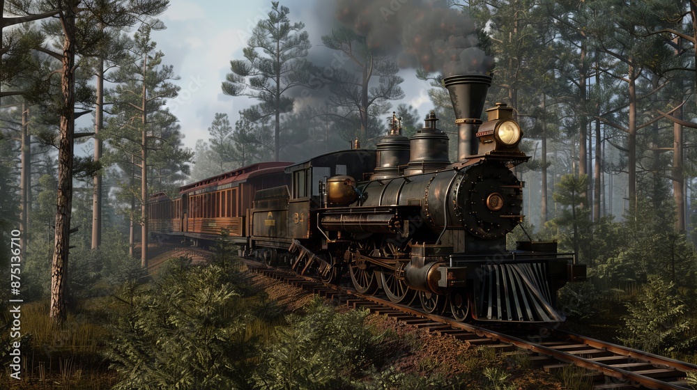 Steam engine chugging through a 3D forest AI generated illustration Steam engine chugging through a 3D forest AI generated illustration