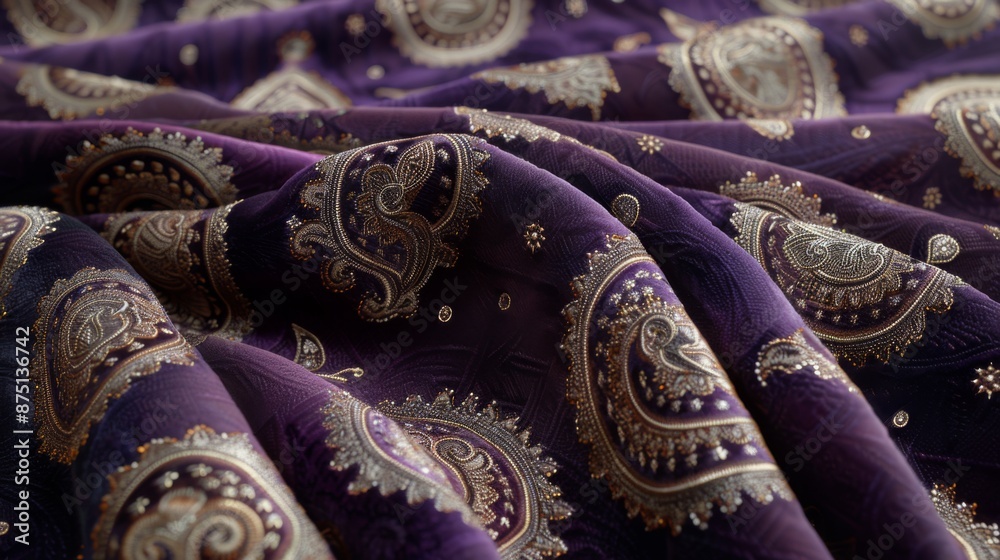 Obraz premium An exotic Turkish velvet fabric in dark purple with silver paisley designs. 