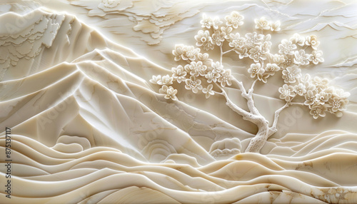 A white marble relief sculpture depicts a tree and mountains
