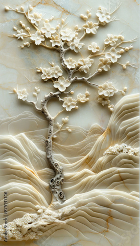A white marble relief sculpture depicts a tree and mountains
