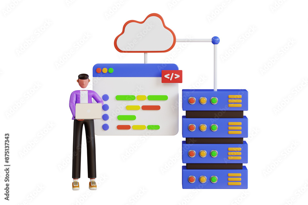 Server Management by Engineer 3D Illustration. Cloud Hosting by Engineer 3D Illustration Server Management by Engineer 3D Illustration. Cloud Hosting by Engineer 3D Illustration