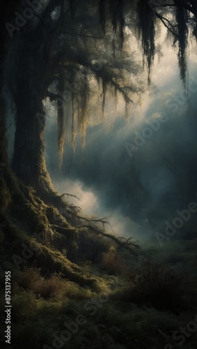 A tree trunk covered in moss in a foggy forest at sunrise