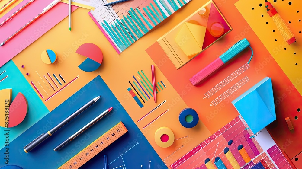 Colorful office supplies and data charts on a vibrant orange background. Perfect for creative and innovation concepts in business and office themes. Colorful office supplies and data charts on a vibrant orange background. Perfect for creative and innovation concepts in business and office themes.