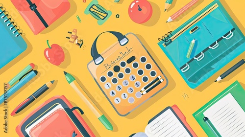 Colorful assortment of school supplies including notebooks, pencils, erasers, and apples on a yellow background, perfect for back-to-school themes.