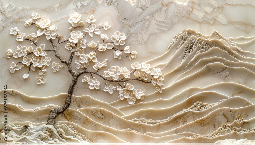 A white marble relief sculpture depicts a tree and mountains
A white marble relief sculpture depicts a tree and mountains