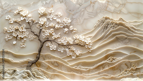 A white marble relief sculpture depicts a tree and mountains  © maxin