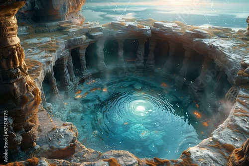 The Cosmic Well of Wisdom A mystical well surrounded by symbols of knowledge and wisdom. The water in the well exhibits detailed textures and lifelike patterns photo