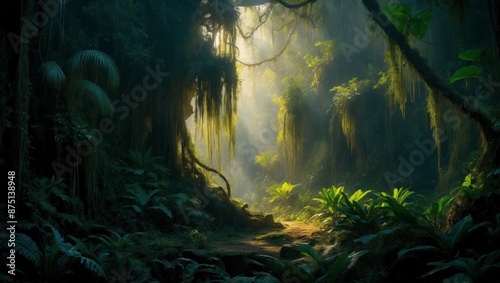 Light shines through dense, green jungle, lighting a path