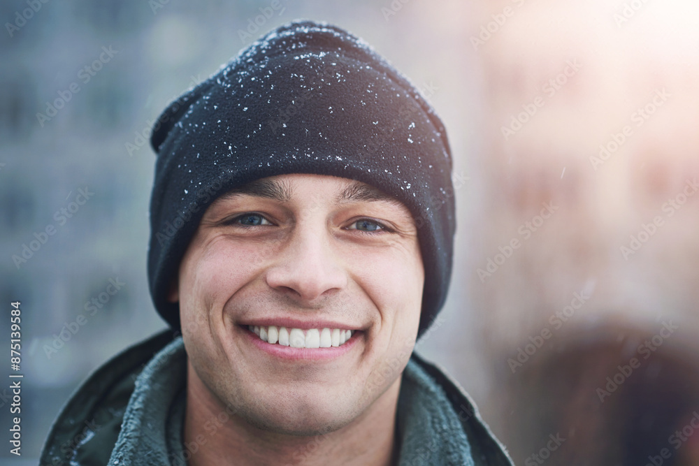 Man, portrait smile and beanie with snow for cold weather, wellness and travel for holiday break. Male person, hat and happy for winter season with blizzard, ethical fabric and vacation in New York Man, portrait smile and beanie with snow for cold weather, wellness and travel for holiday break. Male person, hat and happy for winter season with blizzard, ethical fabric and vacation in New York