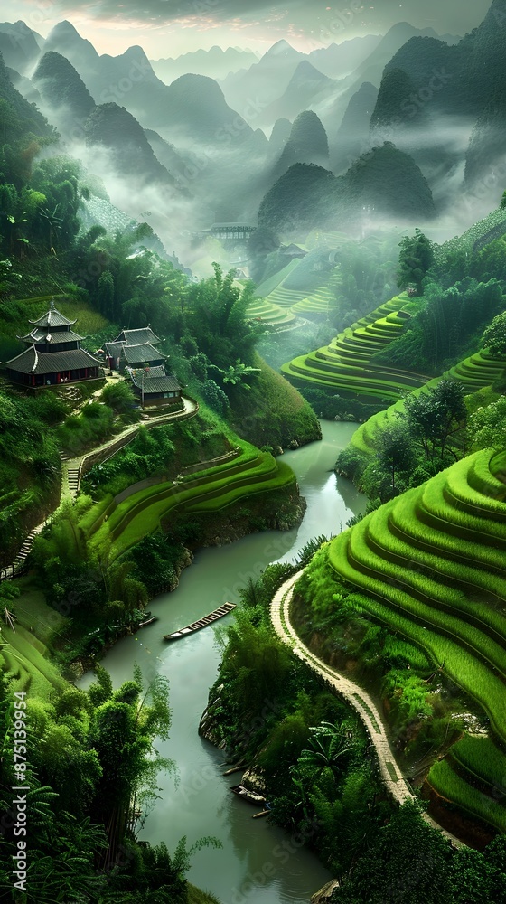 Obraz premium Misty Mountain Landscape with Terraced Rice Fields and Winding Roads in Sapa Vietnam