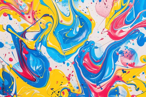 Abstract background with colorful swirls of liquid paint, featuring blue, yellow, pink, and red splashes forming intricate patterns on paper.