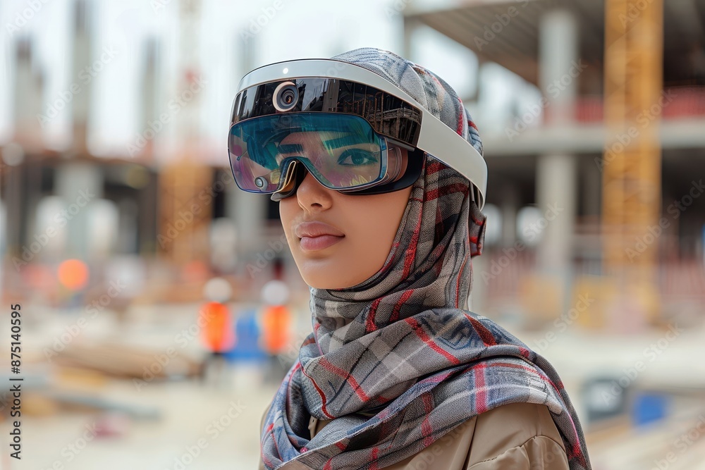Woman wearing VR Glasses in a construction site Woman wearing VR Glasses in a construction site
