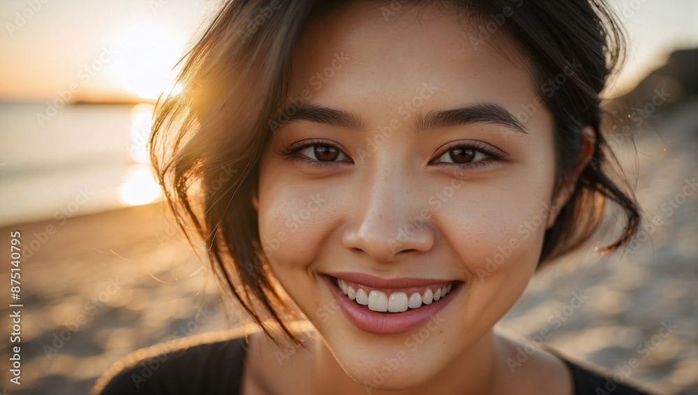 Smiling woman with short hair enjoying the beach at sunset, showcasing her radiant happiness and the serene seaside environment with golden light. Smiling woman with short hair enjoying the beach at sunset, showcasing her radiant happiness and the serene seaside environment with golden light.