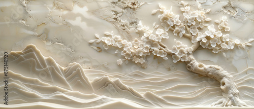 A white marble relief sculpture depicts a tree and mountains
