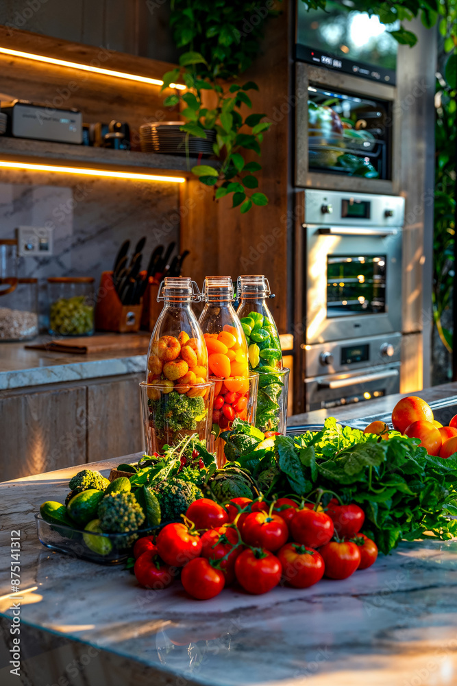 Fresh Vegetables and Bottles in a Modern Kitchen Fresh Vegetables and Bottles in a Modern Kitchen