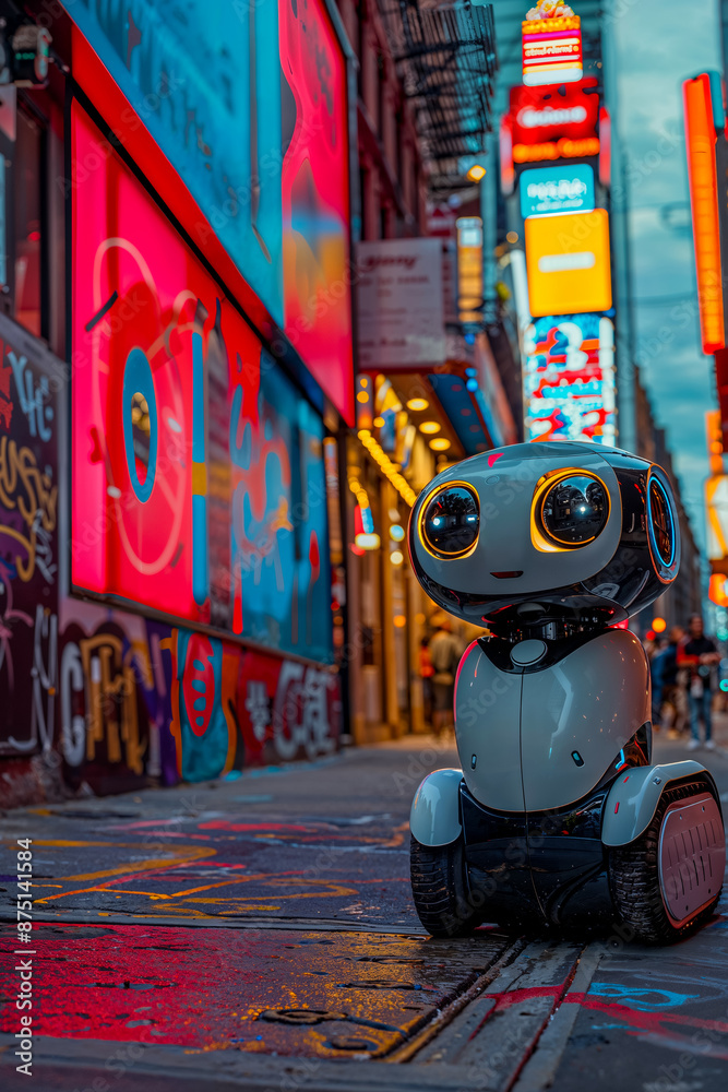 Obraz premium Cute Robot Exploring a Neon-Lit Urban Street