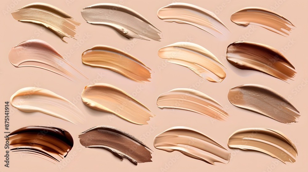 foundation samples stroke. color smears, different skin tones.Face Cosmetic, make up. Cream texture, liquid cosmetic smear. Foundation, BB cream, CC cream, Concealer, face skin product. foundation samples stroke. color smears, different skin tones.Face Cosmetic, make up. Cream texture, liquid cosmetic smear. Foundation, BB cream, CC cream, Concealer, face skin product.