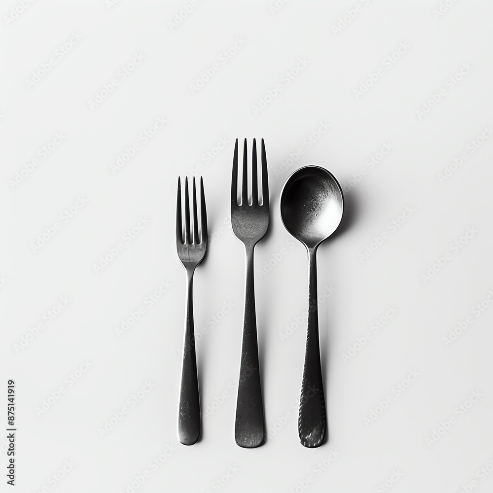 Minimalist photo of cutlery set with two forks and a spoon on a white background, ideal for kitchen and dining themes. Minimalist photo of cutlery set with two forks and a spoon on a white background, ideal for kitchen and dining themes.