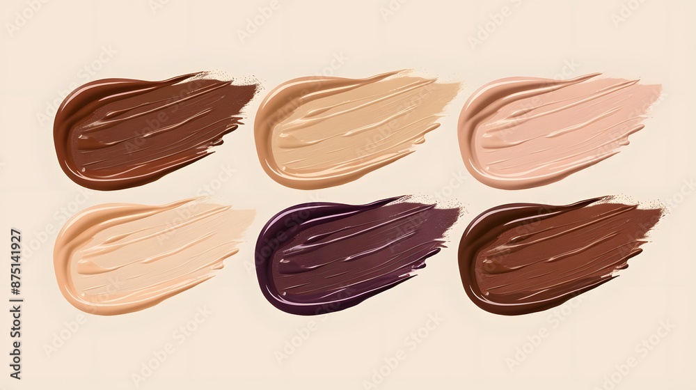 foundation samples stroke. color smears, different skin tones.Face Cosmetic, make up. Cream texture, liquid cosmetic smear. Foundation, BB cream, CC cream, Concealer, face skin product. foundation samples stroke. color smears, different skin tones.Face Cosmetic, make up. Cream texture, liquid cosmetic smear. Foundation, BB cream, CC cream, Concealer, face skin product.